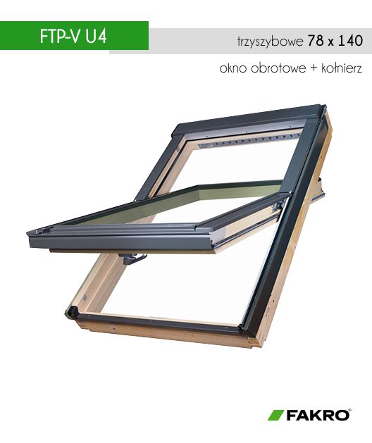 Obrotowe energooszczędne okno dachowe 78 x 140 Fakro trzyszybowe drewniane FTP-V U4